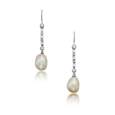 View full screen - View 1 of Lot 440. Pair of Cultured Pearl and Diamond Pendant-Earrings.