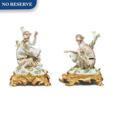 View full screen - View 1 of Lot 50. A Pair of Gilt-Bronze Mounted Meissen Figures of Monkeys, the porcelain Circa 1750, the Mounts Later.