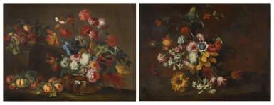 View full screen - View 1 of Lot 38. A pair of floral still lifes: one with a parakeet; the other with fruit and a bronze vase.