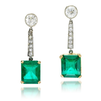 View full screen - View 1 of Lot 83. PAIR OF EMERALD AND DIAMOND EARRINGS.