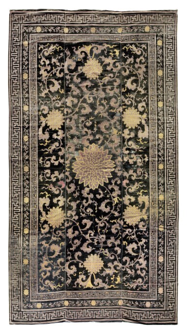 View full screen - View 1 of Lot 439. A large velvet silk 'lotus' throne cover, Qing dynasty, 18th century | 清十八世紀 鏽纏枝蓮紋寶座墊面.