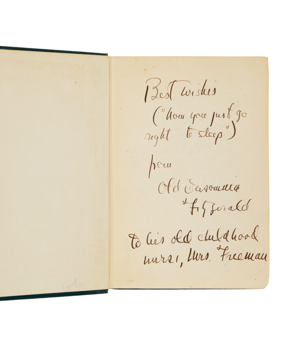 View full screen - View 1 of Lot 1056. Fitzgerald, F. Scott | “Now you just go right to sleep” — This Side of Paradise, inscribed to his nurse, Carma Kaufman Freeman.