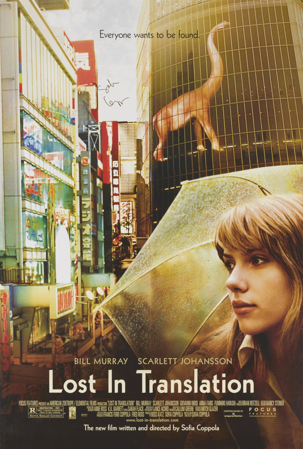 View full screen - View 1 of Lot 171. LOST IN TRANSLATION (2003) JOHANSSON STYLE POSTER, US, SIGNED BY SOFIA COPPOLA.
