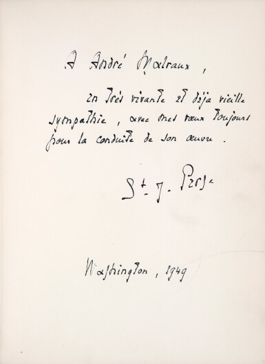 View full screen - View 1 of Lot 268. SAINT-JOHN PERSE. Exile. 1949. Édition bilingue des poèmes écrits en exile. Envoi a.s. à Malraux..