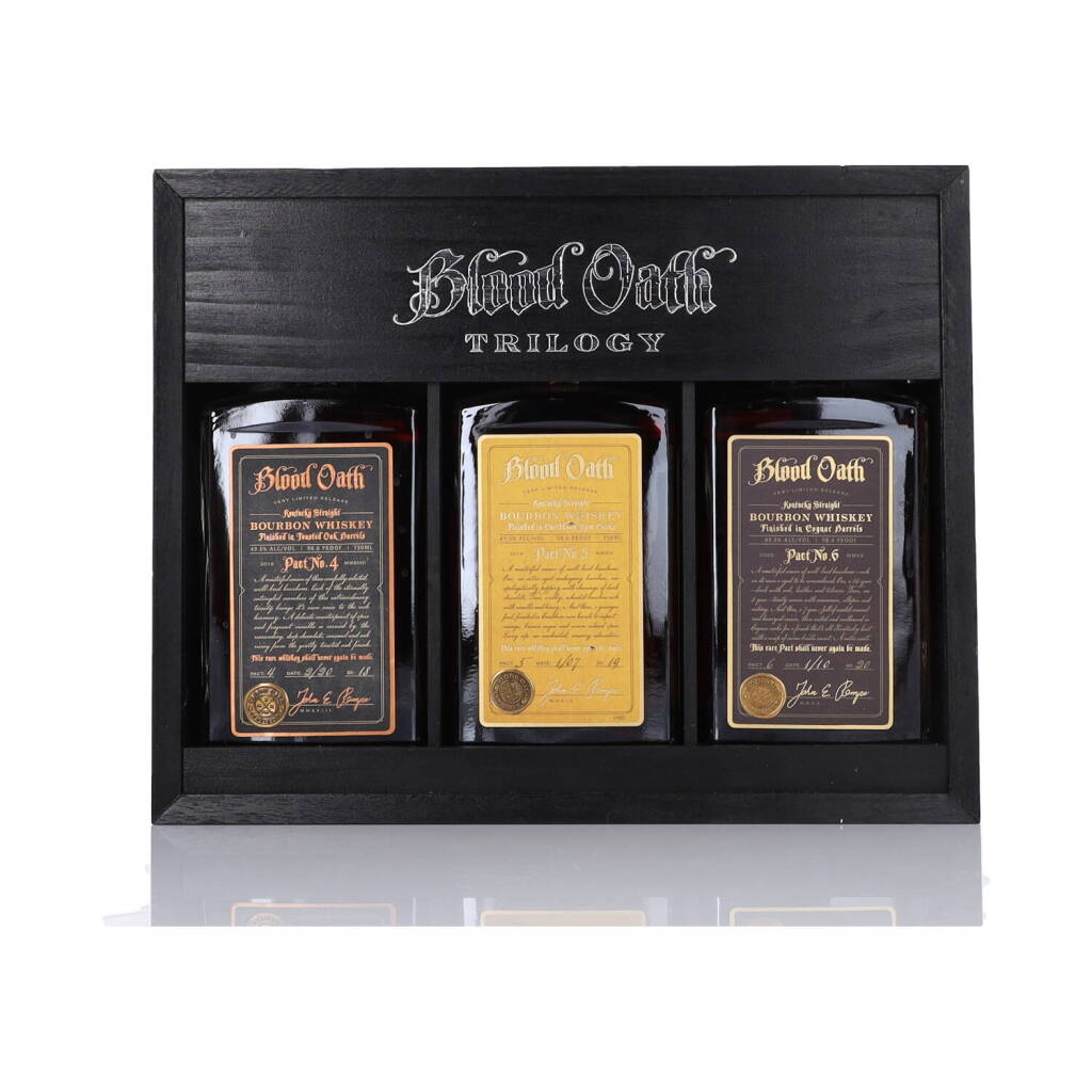 View full screen - View 1 of Lot 191. Bood Oath Trilogy Set 49.3 abv NV (3 BT 75cl).