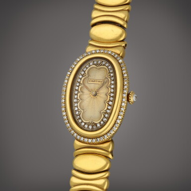 View full screen - View 1 of Lot 87. Baignoire | A yellow gold and diamond-set watch with bracelet | Circa 1990.