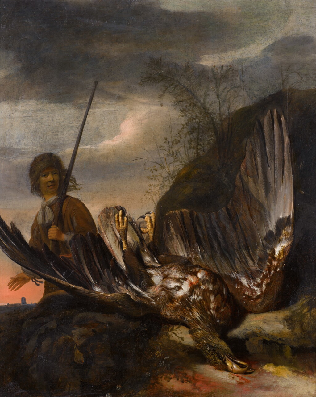 View full screen - View 1 of Lot 59. A fallen eagle in a mountainous landscape, a huntsman beyond.