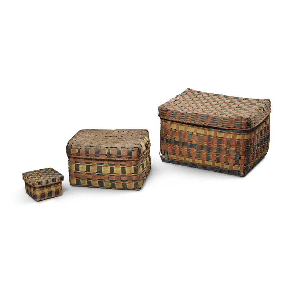 View full screen - View 1 of Lot 88. A Group of Three Native American Polychrome-Dyed Woven Splint Storage Baskets, Northeastern United States, Late 19th Century.