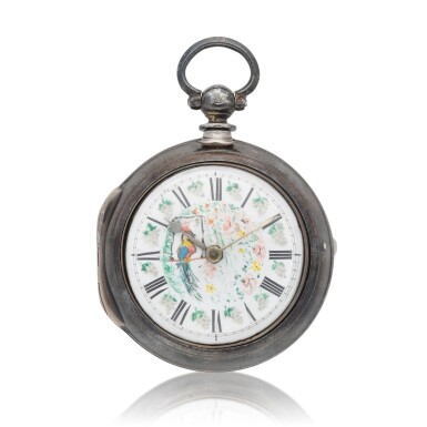 View full screen - View 1 of Lot 160. A Swiss calendar verge watch with polychrome enamel painted dial together with two English pair cased watches with enamel painted dials Circa 1830, 1817, 1823.