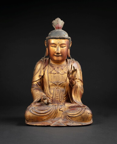 View full screen - View 1 of Lot 205. A large gilt wood Buddha 17th century | 十七世紀 漆木佛坐像.
