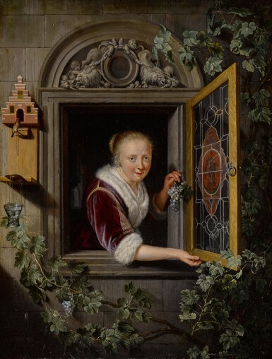 View full screen - View 1 of Lot 402. Young woman at a window with a bunch of grapes.
