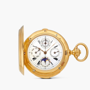 View full screen - View 1 of Lot 2426. A pink gold minute repeating perpetual calendar chronograph hunting case keyless lever watch, with 30-minute register, moon phases, leap year and enamel dial, Circa 1890.