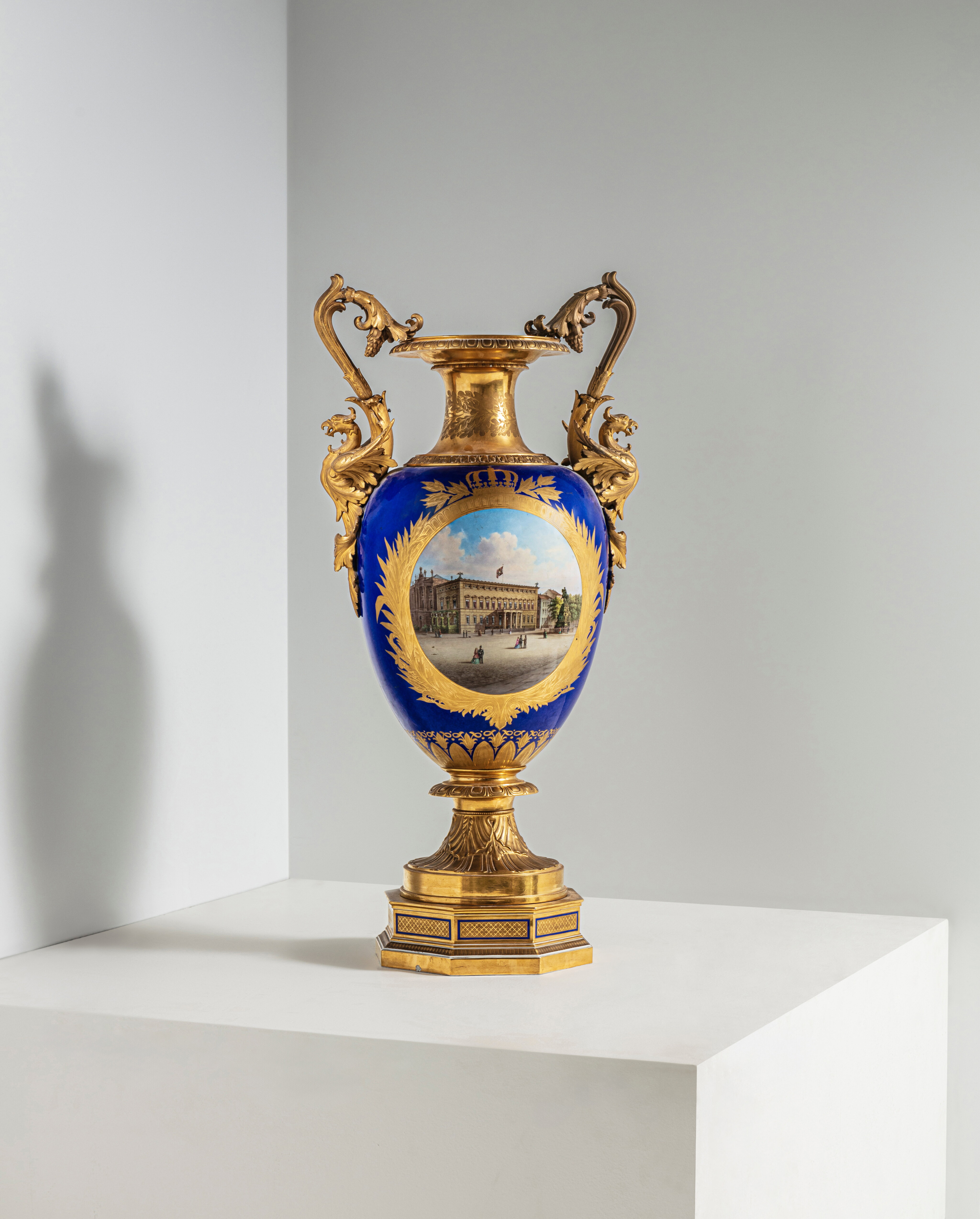 A Berlin (K.P.M.) porcelain blue-ground two-handled topographical