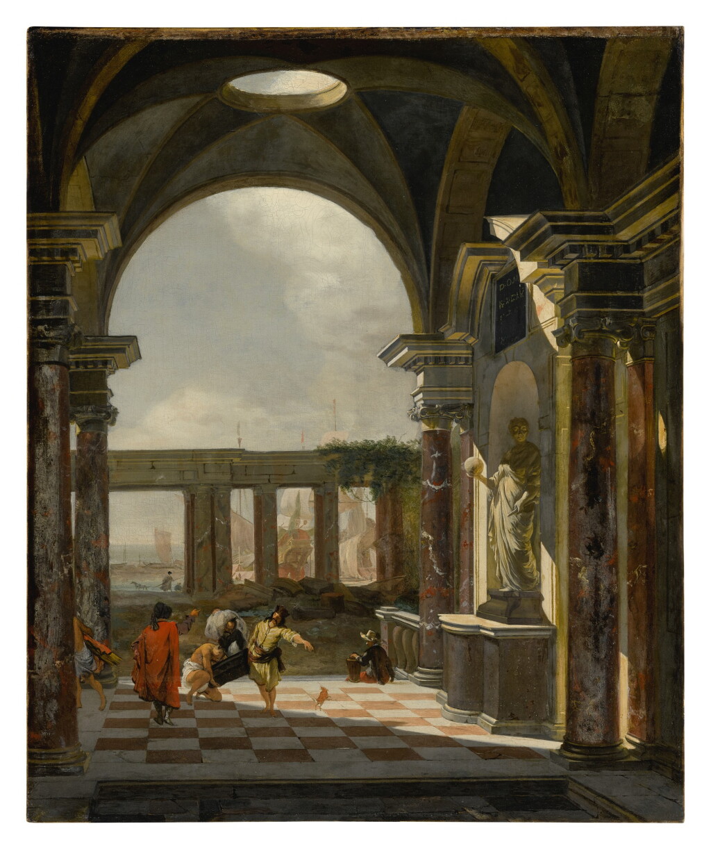 View full screen - View 1 of Lot 637. Architectural interior with foreign shippers, ruins and a shipyard beyond .