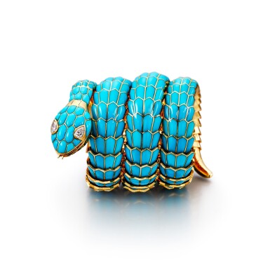 View full screen - View 1 of Lot 263. 'Serpenti' Turquoise and Diamond Bracelet-Watch, 1960s | 寶格麗 | ’Serpenti' 綠松石 配 鑽石 手鏈腕錶, 1960年代.