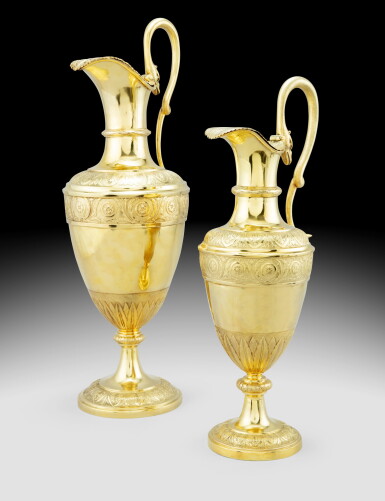 View full screen - View 1 of Lot 327. Two Austrian large silver-gilt ewers, maker GH, probably G. Hueber, I. G. Han ou I. G. Hann, Vienna, circa 1778 | Ensemble de 2 grandes aiguières couvertes en vermeil, dont une très grande, Vienne, vers 1780, orfèvre GH.