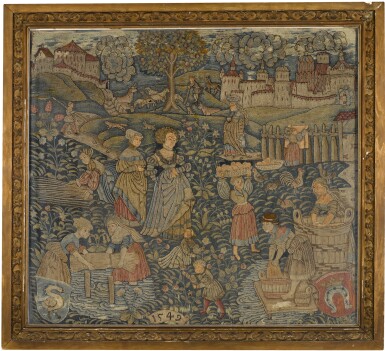 View full screen - View 1 of Lot 38. A PASTORAL EMBROIDERED PANEL, PROBABLY GERMAN, DATED 1549.