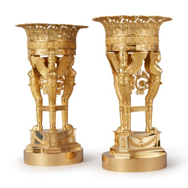 View full screen - View 1 of Lot 304. A PAIR OF EMPIRE STYLE GILT BRONZE 'CORBEILLES A TROIS SPHYNGES' FRUIT BASKETS BY MAISON ODIOT, LAST QUARTER 20TH CENTURY .
