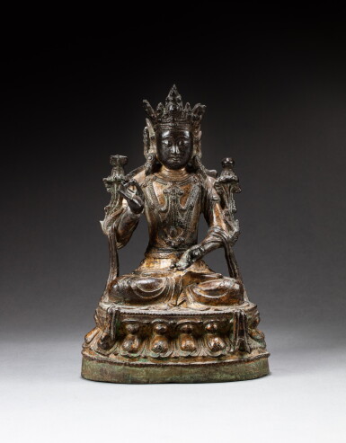 View full screen - View 1 of Lot 56. A gilt-lacquer bronze figure of a bodhisattva Ming dynasty | 明 漆金銅菩薩坐像.