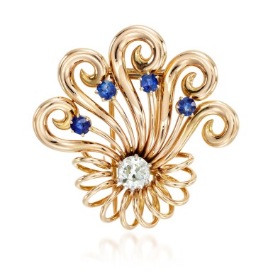 View full screen - View 1 of Lot 43. Sapphire and diamond brooch, 1940s.