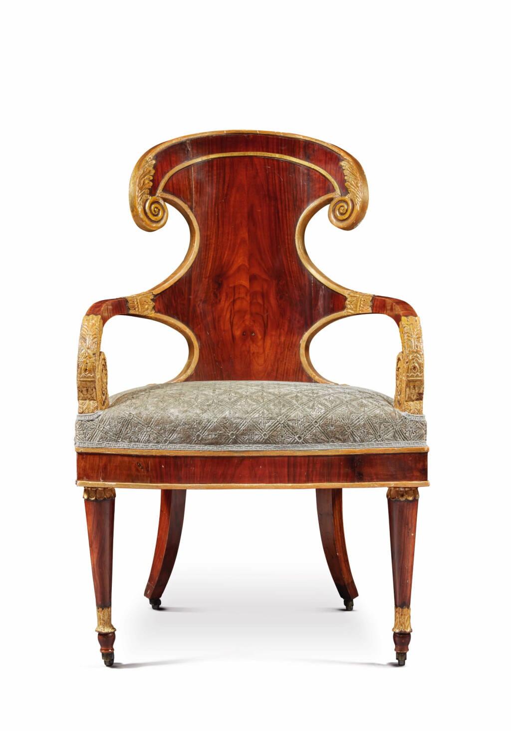 View full screen - View 1 of Lot 141. A RUSSIAN NEOCLASSICAL ROSEWOOD AND PARCEL-GILT ARMCHAIR, CIRCA 1825.