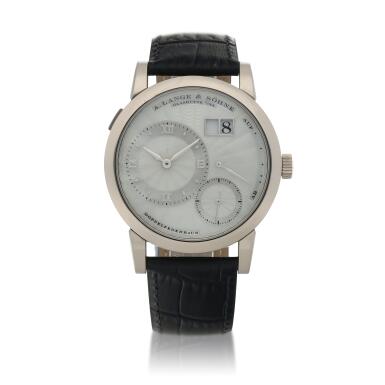 View full screen - View 1 of Lot 89. 'Soirée' Lange 1, Ref. 110.030 White gold wristwatch with digital date display, power reserve indication and mother-of-pearl dial Circa 2002.