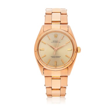 View full screen - View 1 of Lot 263. ROLEX | OYSTER PERPETUAL, REF 1005 PINK GOLD WRISTWATCH WITH BRACELET CIRCA 1962.