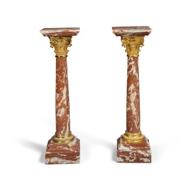 View full screen - View 1 of Lot 21. A Pair of Neoclassical Style Gilt-Bronze-Mounted Rouge du Languedoc Marble Corinthian Column Pedestals.
