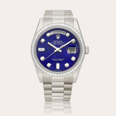 View full screen - View 1 of Lot 2130. Day-Date, Reference 118399BR A white gold and diamond-set wristwatch with day, date, lapis lazuli dial and bracelet, Circa 2018 | 勞力士 | DAY-DATE 型號118399BR | 白金鑲鑽石鏈帶腕錶,備日期、星期顯示及青金石錶盤,約2018年製.