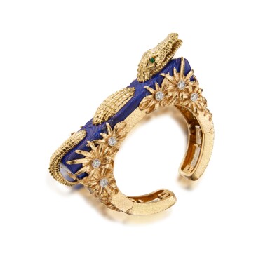 View full screen - View 1 of Lot 1. Gold, Lapis Lazuli, Diamond and Emerald 'Nile' Cuff-Bracelet.