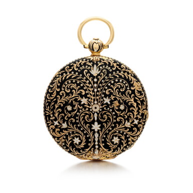 View full screen - View 1 of Lot 1343. A slim gold and champlevé enamel cylinder watch Circa 1830, no. 14622.