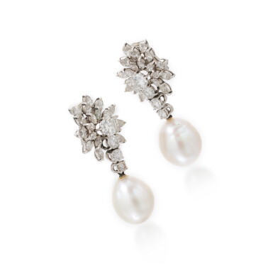 View full screen - View 1 of Lot 290. Pair of cultured pearl and diamond ear clips (Paio di orecchini in perle coltivate e diamanti).