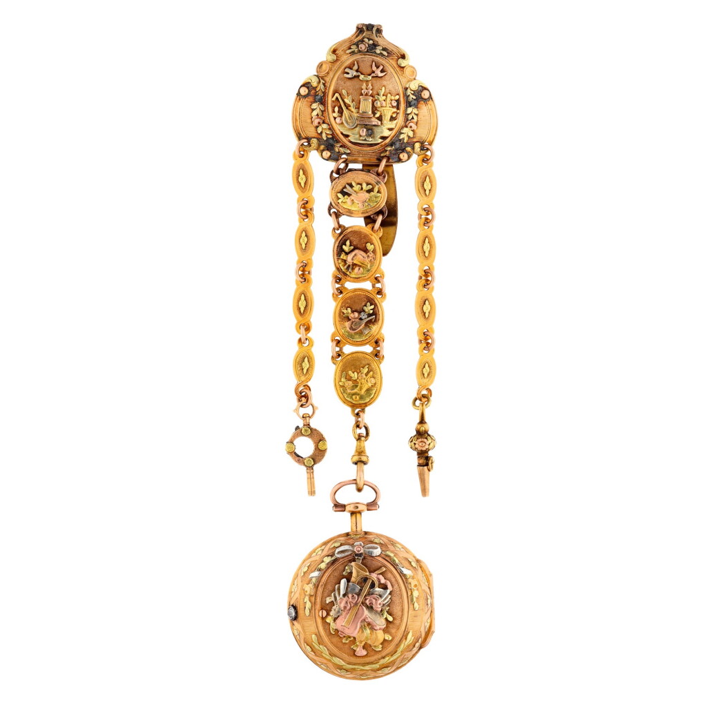 View full screen - View 1 of Lot 147. A vari-colour gold verge watch with gold chatelaine decorated with musical trophies Circa 1775, no. 233.