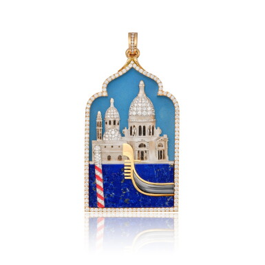 View full screen - View 1 of Lot 436. Lapis Lazuli, Hematite, Diamond and Lacquer 'Venice' Pendant.