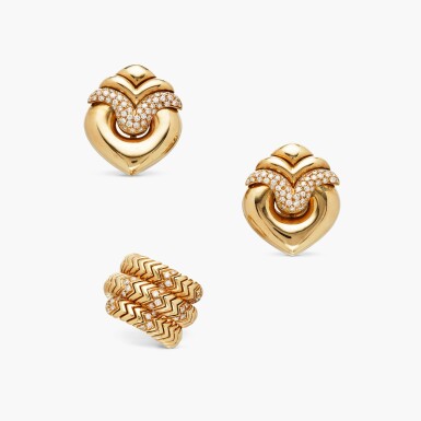 View full screen - View 1 of Lot 226. Pair of Gold and Diamond 'Doppio Cuore' Earclips and 'Spiga' Ring.