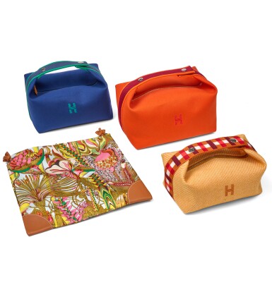 View full screen - View 1 of Lot 120. Set of Four, One Bleu Marine Canvas Bride-à-Brac Case GM, One Orange Feu Canvas Bride-à-Brac Case GM, One Safran Wool Bride-à-Brac Case PM and One Silky City Bag, 2023 .