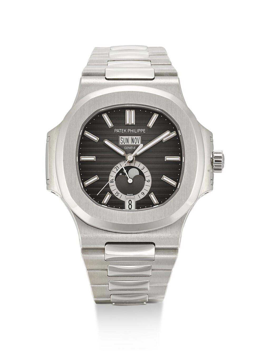 View full screen - View 1 of Lot 23. PATEK PHILIPPE | NAUTILUS, REFERENCE 5726, A BRAND NEW STAINLESS STEEL ANNUAL CALENDAR WRISTWATCH WITH MOON PHASES, 24 HOUR INDICATION AND BRACELET, CIRCA 2018.