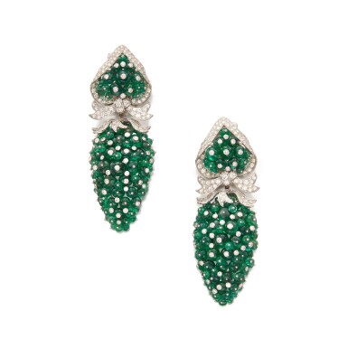 View full screen - View 1 of Lot 70. Pair of Emerald and Diamond Pendant-Earclips.
