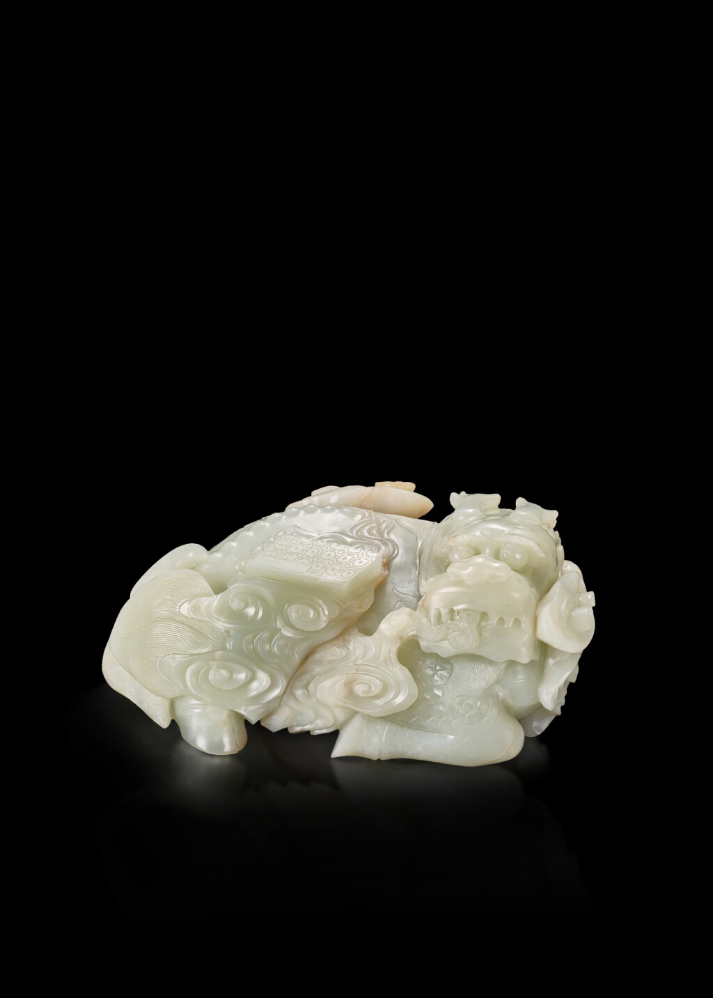 View full screen - View 1 of Lot 3841. A large white jade 'qilin and book' carving, Qing dynasty, Qianlong period | 清乾隆 白玉麒麟背書.