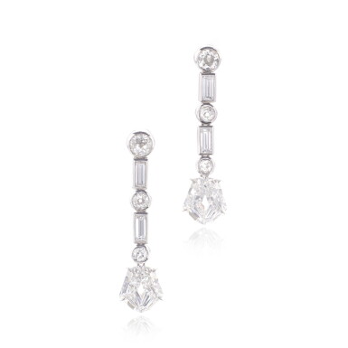 View full screen - View 1 of Lot 751. Pair of diamond pendent earrings.