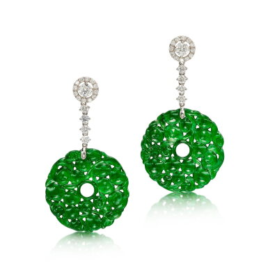 View full screen - View 1 of Lot 603. Jadeite and Diamond Pendent Earrings | 天然翡翠 配 鑽石 耳墜一對.