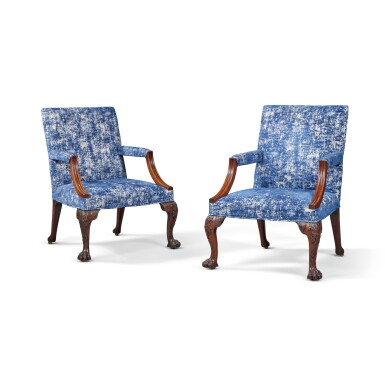 View full screen - View 1 of Lot 30. A Pair Of George II Mahogany Library Armchairs, in the manner of William Hallett, circa 1745.