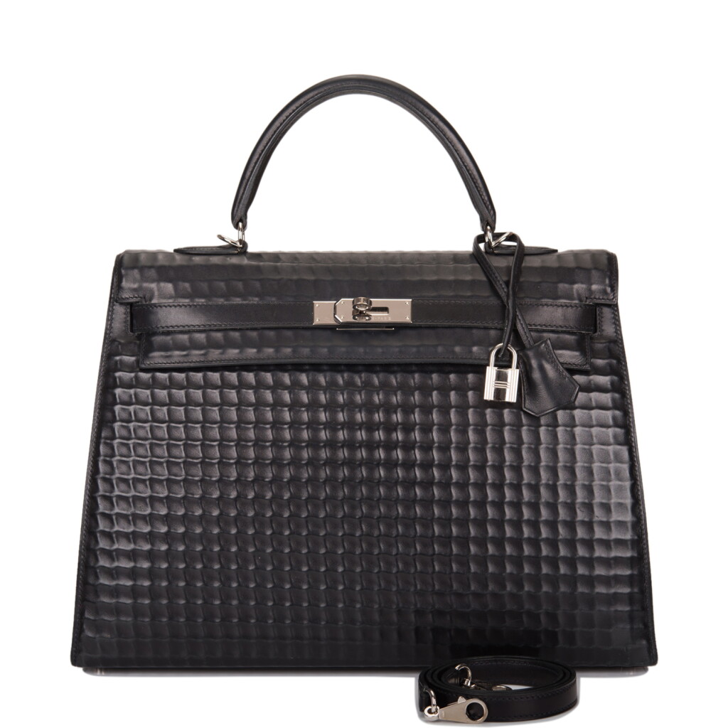 View full screen - View 1 of Lot 30. Hermès Black Waffle Sellier Kelly 35cm of Box Leather with Palladium Hardware .