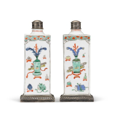 View full screen - View 1 of Lot 232. A pair of metal-mounted famille-verte square bottles the porcelain, Qing dynasty, Kangxi period, the white metal mounts later and European.