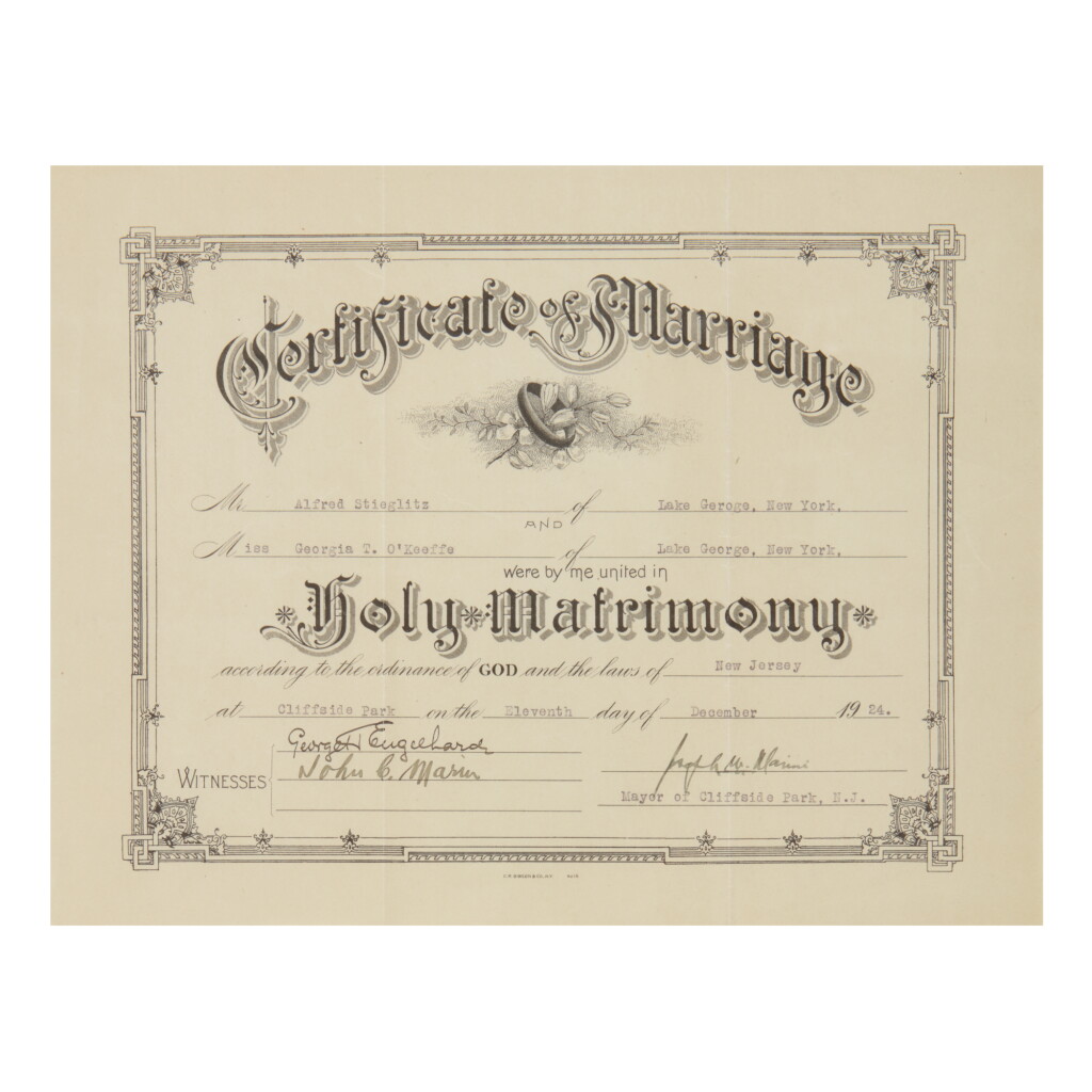 View full screen - View 1 of Lot 5. GEORGIA O'KEEFFE AND ALFRED STIEGLITZ'S MARRIAGE CERTIFICATE.