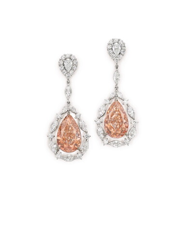 View full screen - View 1 of Lot 1716. Pair of Fancy Pink-Brown Diamond and Diamond Pendent Earrings | 7.13及6.03克拉 彩粉紅棕色鑽石 配 鑽石 耳墜一對.