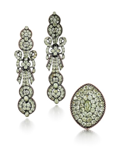 View full screen - View 1 of Lot 214. PAIR OF CHRYSOBERYL EARRINGS AND A RING.