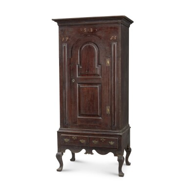 View full screen - View 1 of Lot 636. Rare Queen Anne Inlaid Walnut Schrank, probably Chester or Lancaster County, Pennsylvania, Dated 1756.