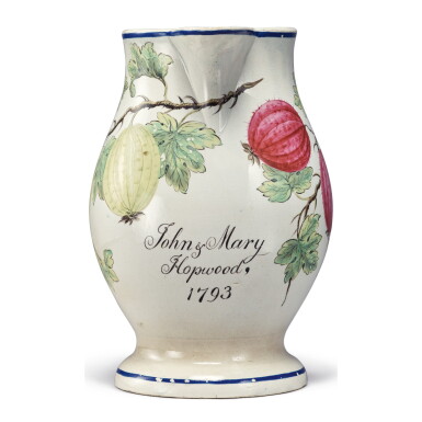 View full screen - View 1 of Lot 826. A DATED ENGLISH PEARLWARE MARRIAGE JUG, 1793.