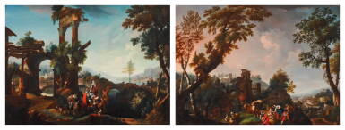 View full screen - View 1 of Lot 63. A pair of river landscapes with herders and their flocks beside ruins, a town in the distance.
